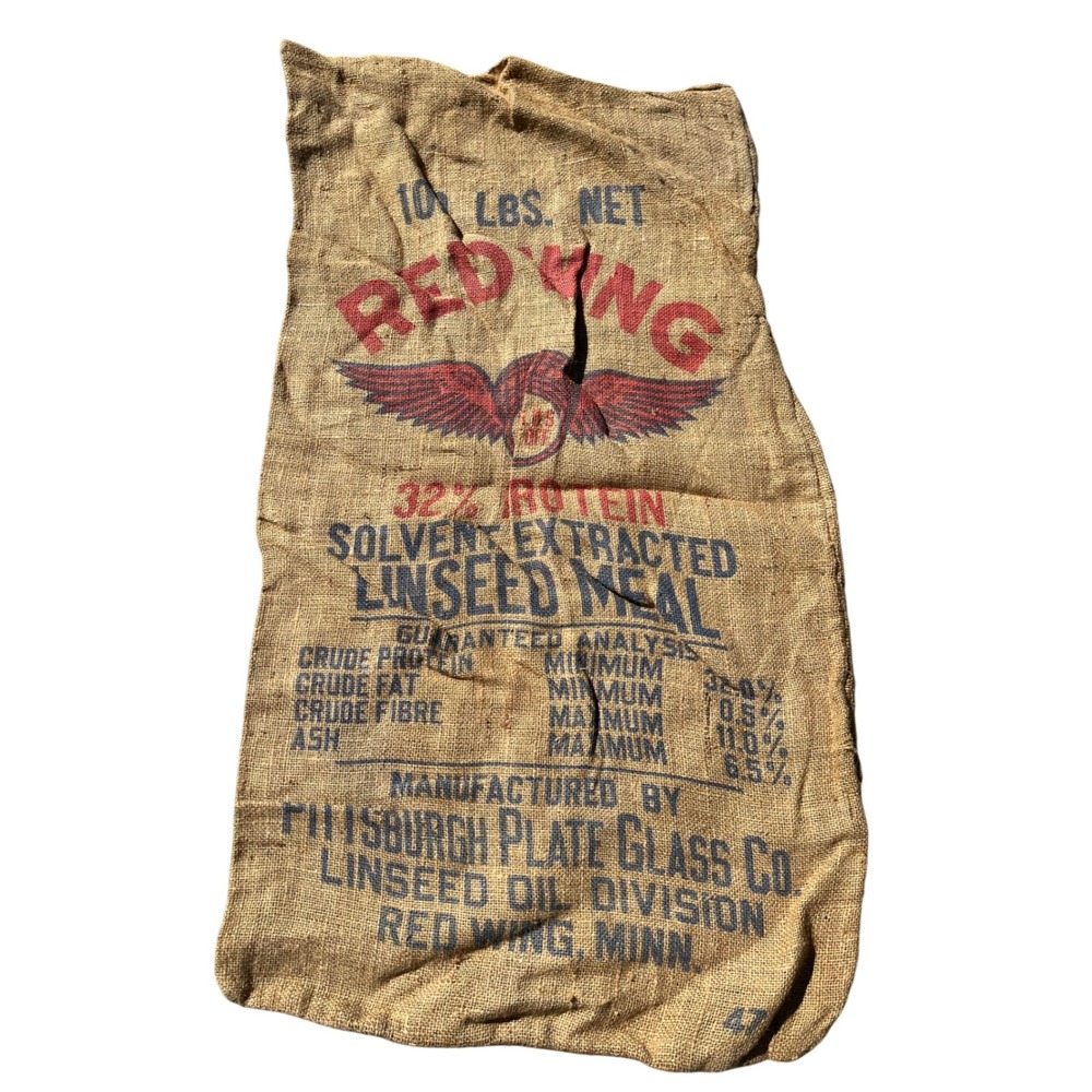 Vintage Red Wing Linseed Meal Burlap Sack Pittsburgh Plate Glass Co Feed Bag MN